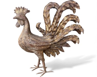 Vintage Mid-Century Italian Oversized Gilt Metal Rooster Statue | 18" x 17.5" | MCM Gold Toned Farmhouse Décor