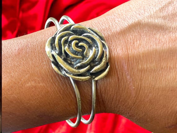 Vintage Silver Rose Cuff Bracelet: Brass-Toned Fl… - image 1