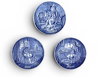Juego de 3 platillos de cerámica azul y blanca de Enoch Wedgwood – Guardabosques, Soldado, Cazador – Hecho en Inglaterra