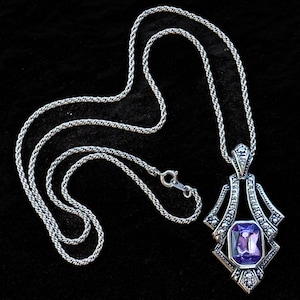 Vintage Avon Faux Amethyst Pendant Necklace: Victorian Revival Marcasite Jewelry