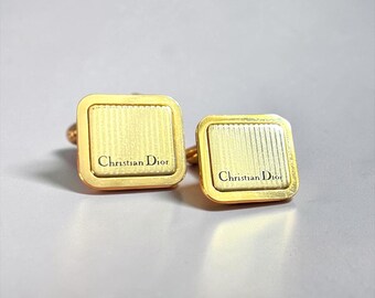 Vintage Christian Dior Gold Tone Cufflinks | Signed Square Ribbed Design | Men's Designer Accessories