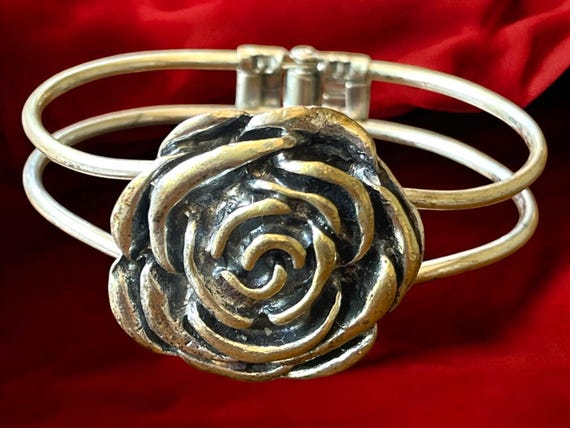 Vintage Silver Rose Cuff Bracelet: Brass-Toned Fl… - image 2