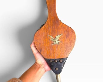 Vintage Wood Fireplace Bellows with Brass Eagle, Colonial Revival Hearth Decor, Black Leather & Brass Nozzle, Rustic Cabin Fireplace Tool