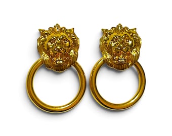 Vintage Gold Lion Head Door Knocker Earrings | Statement Lion Doorknocker Hoops | 80s Retro Gold Tone Jewelry