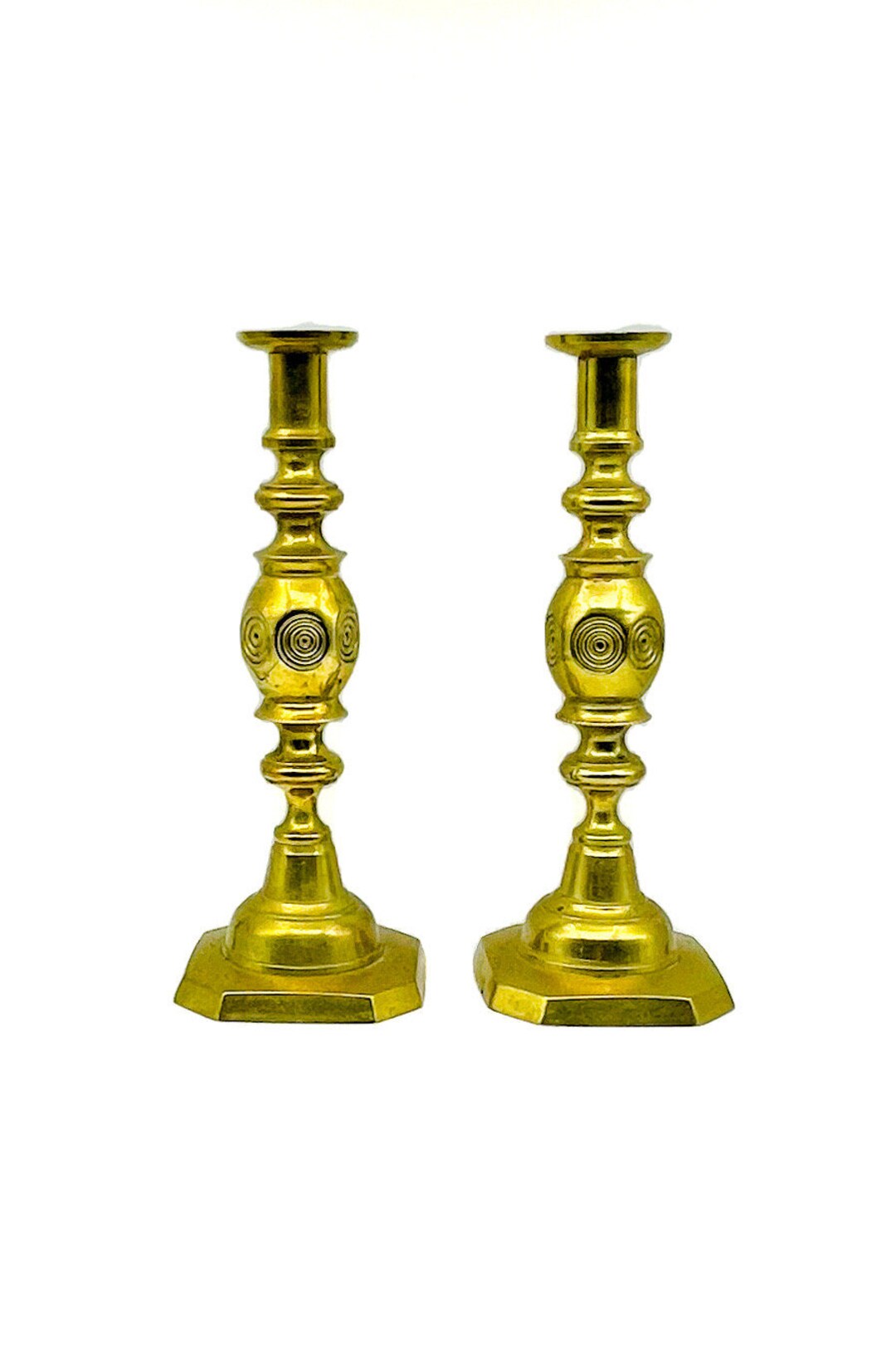 Antique Brass Candle Holders With Bullseye Pattern / Antique