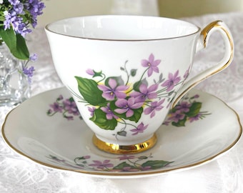 Vintage Royal London Bone China Teacup and Saucer: Purple Violets, Gold Trim