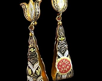 Vintage Spanish Damascene Toledo Earrings, Gold & Silver Inlay, Tulip Drop Dangle, Made in Spain