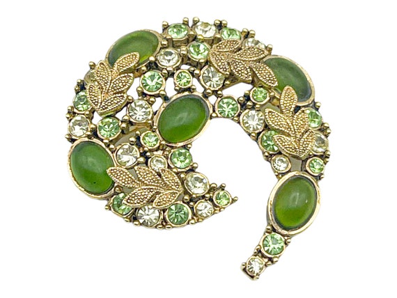 Vintage Gemstone Swoosh Brooch Green & Gold / Vin… - image 5