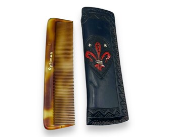 Vintage Faux Tortoise Shell Comb with Leather Case and Fleur de Lis Design Firenze Italy / Brushes & Combs / Mustache Comb