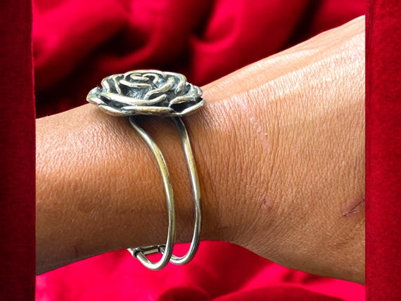 Vintage Silver Rose Cuff Bracelet: Brass-Toned Fl… - image 7