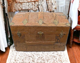 Antique 1870's to 1880's Dome Top Camelback Trunk Wood & Embossed Metal with Floral Pattern / Antique Chest / Storage / Antique Decor