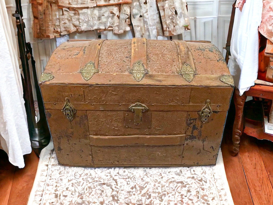 Late 19th Century Antique Embossed Metal Oak Banded Dome Top Steamer Trunk  Chest W Insert