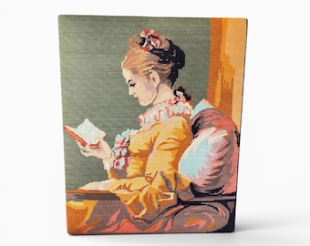 Tapiz de punto de aguja vintage inspirado en "El lector" de Jean-Honoré Fragonard – Tapiz de punto petit point sobre tabla – Decoración rococó francesa