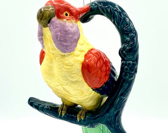 Bird Planter Yellow Parrot planter with Blue eyes & beak and multicolored tails 
