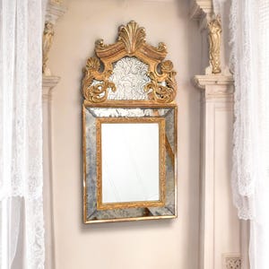 Antique Baroque Gold Gilt & Gesso Mirror with Pediment, Belgian Renaissance Style, Mercury Glass, Vintage Wall Mirror, 39.25&quot; H x 19.25&quot; W