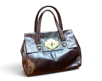 Vintage Cynthia Rowley Chocolate Brown Leather Satchel Handbag | Gold Turn-Lock