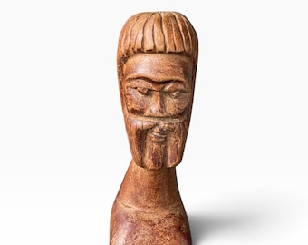 Mid-Century Hand Carved Wooden Bust of Bearded Man — Folk Art Sculpture, Small Vintage Figural Carving