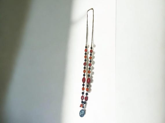 Vintage Beaded Necklace: Ceramic Butterfly Pendan… - image 2