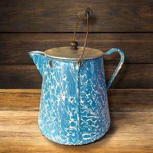 Antiek granieten Cowboy Camp koffiepot Swirl blauw wit emaille emaille met handvat