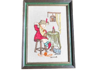 Cuadro vintage enmarcado de Hummel con bordado Crewel de una niña tejiendo / Arte mural de costura / Decoración estilo cottagecore / Arte popular / Arte textil hecho a mano