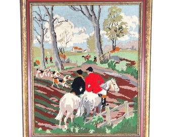 Vintage Framed Needlepoint Fox Hunt Scene, English Equestrian Tapestry Art, Riders Horses & Hounds, Gilt Frame, Traditional Grandmillennial