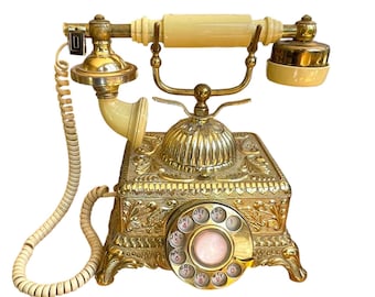 Teléfono clásico vintage Imperial de disco giratorio – Teléfono de estilo victoriano romántico con detalles en tono dorado – Decoración Hollywood Regency