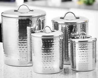 Vintage ODI Hammered Stainless Steel Kitchen Canisters with Lid Set of 4 / Kitchen & Serving / Kitchen Storage / Canister Set