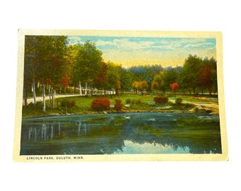 Vintage Postcard Lincoln Park Duluth Minnesota, Antique Linen Pond & Trees Scenic View, Early 1900s Minnesota Collectible Ephemera