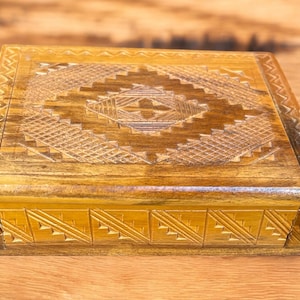 Vintage Hand-Carved Wooden Trinket Box with Ethnic Design | Boho Jewelry Box | Folk Art Storage Box | Small Decorative Box
