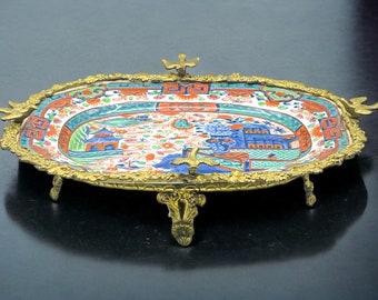 Antique Chinese Porcelain Imari Charger with Bronze Mount with Bird Design / Asian Antiques / Art & Collectibles