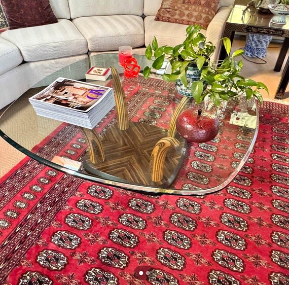Vintage 1970s Henredon Zebra Wood Faux Tusk Glass Top Coffee Table