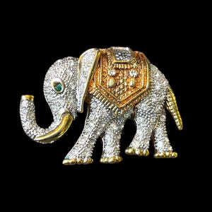 Vintage Rhinestone Elephant Brooch: Gold Accents, Green Crystal Eye