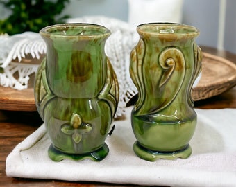 Pair of Vintage Ceramic Vases with Drip Glaze in Green and Brown ./ Vintage Pottery