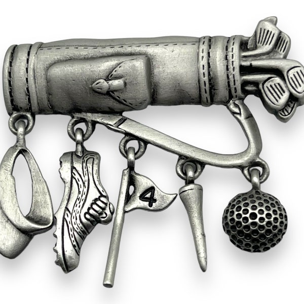 Vintage JJ Jonette Pewter Brooch Pin with Golf Bag, Clubs and Charms / Vintage Golf Jewelry / Gift