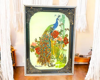 Pintura vintage de pavo real invertido sobre vidrio / Firmada por Sofia Bano Art