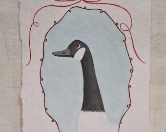 Original Gouache Goose Painting on Handmade Paper A5 - 'Grateful heart, happy life'.