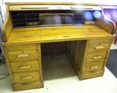 good shape antique 1920s OAK double pedestal s curve raised panel ROLL top DESK pick up only