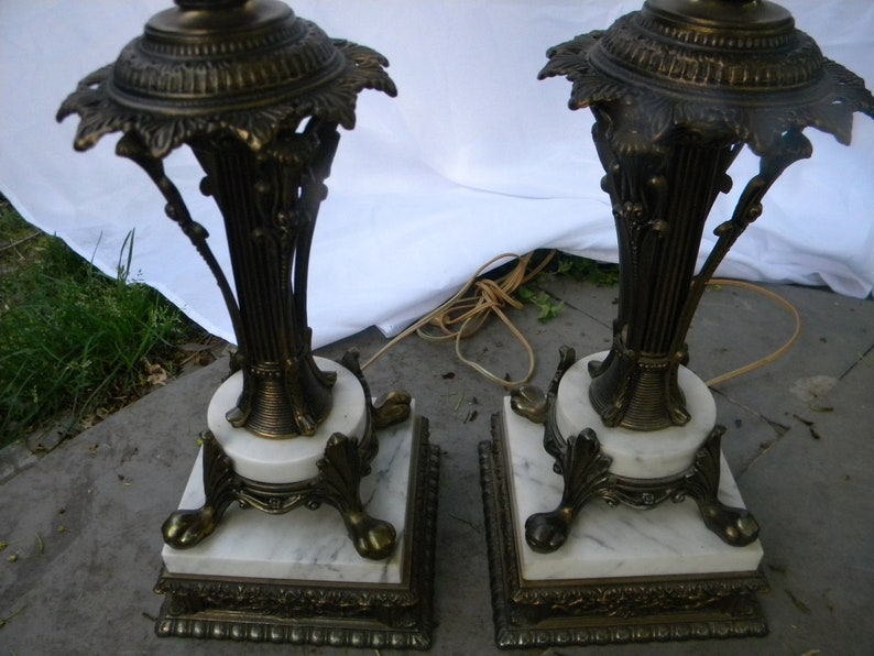 nice shape pair vintage tall ornate mid century HOLLYWOOD REGENCY marble base table lamps