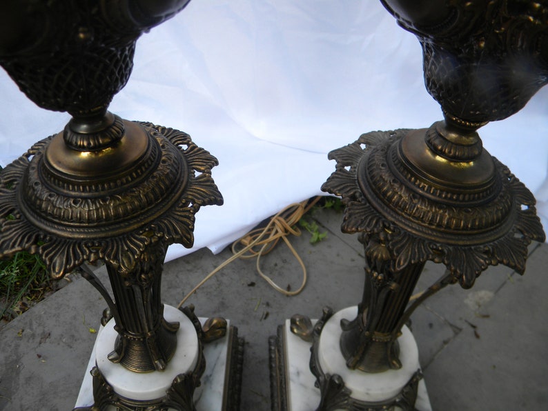 nice shape pair vintage tall ornate mid century HOLLYWOOD REGENCY marble base table lamps