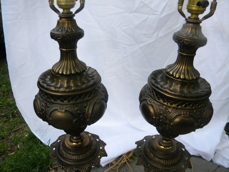 nice shape pair vintage tall ornate mid century HOLLYWOOD REGENCY marble base table lamps