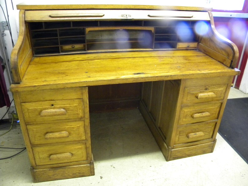 Pick Up Only Good Shape Antique 1920s Oak Double Pedestal S Curve Raised Panel Roll Top Desk