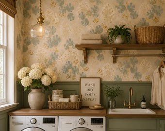 Sage Green Botanical Wallpaper, Eucalyptus Leaf Wallpaper, Vintage Floral Wallpaper, Peel and Stick Wallpaper, Traditional Wallpaper.