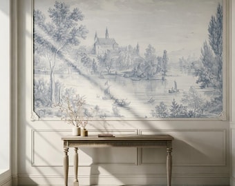 Blue Toile de Jouy Wallpaper Peel and Stick, French Country Landscape Wall Mural Canvas Smooth Traditional