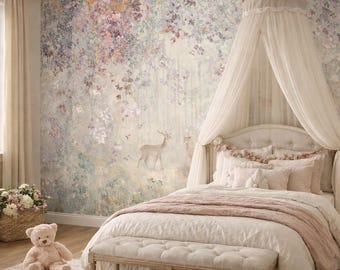 Fairy Forest Nursery Wall Mural Peel and Stick, Floral Woodland Kids Wallpaper, Canvas Smooth or Traditional Wallcovering