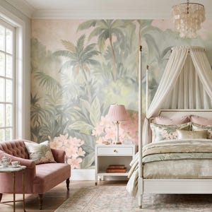 May include: A bedroom featuring a four-poster bed with a white frame and canopy, flanked by two white nightstands. A pink tufted settee sits to the left. The wall behind the bed displays a large mural of tropical palm leaves and pink flowers.
