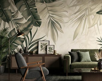 Luxury Tropical Leaf Wallpaper Mural, Modern Botanical Wall Covering, Elegant Dining Room Statement Wall Decor