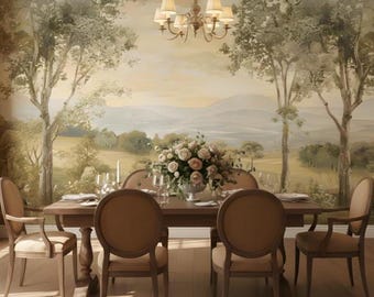 Landscape Wall Mural Wallpaper, Neutral Bedroom Wallpaper, Vintage Nature Scenic Mural, Calm Beige Green Wallpaper for Bedroom Living Room.