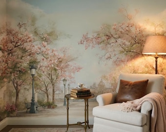 Cherry Blossom Wallpaper Peel and Stick, Paris Spring Wall Mural Pink Floral Canvas Smooth Traditional