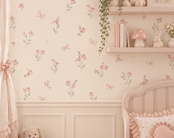Coquette Wallpaper, Pink Bow Wallpaper, Tiny Rose Wallpaper, Girls Nursery Wall Mural, Delicate Floral Wallpaper, Cottagecore Room Decor.