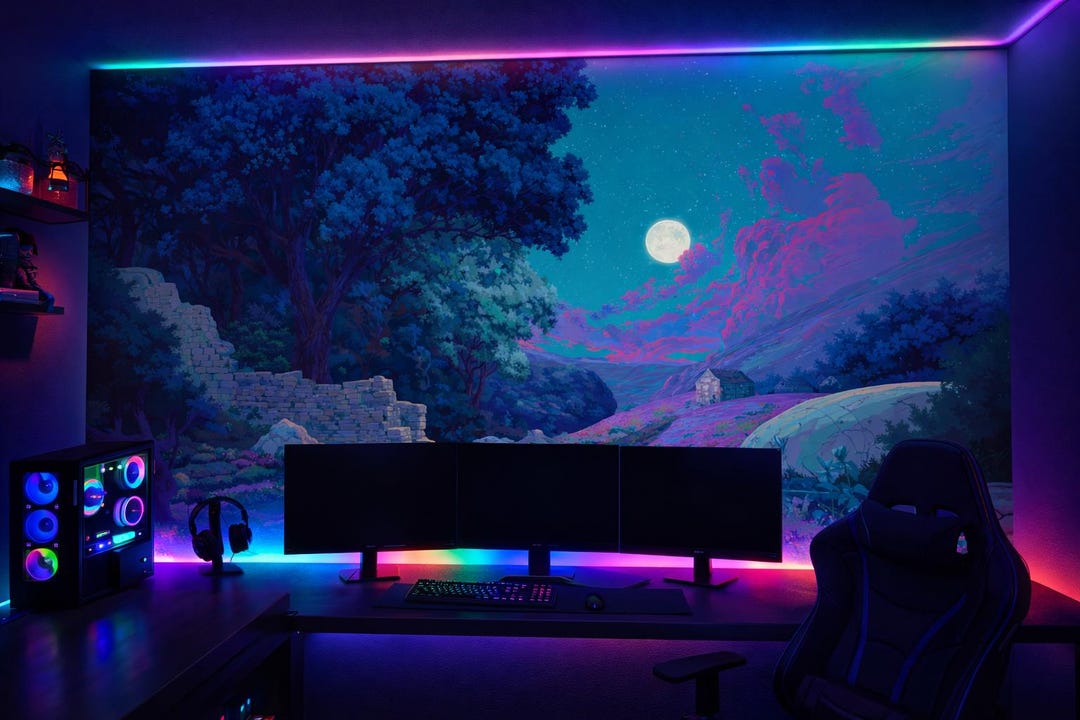 Rustic Led Gaming Pc Background Gaming Room Wallpaper Peel and Stick, Neon Night Landscape Wall Mural ...